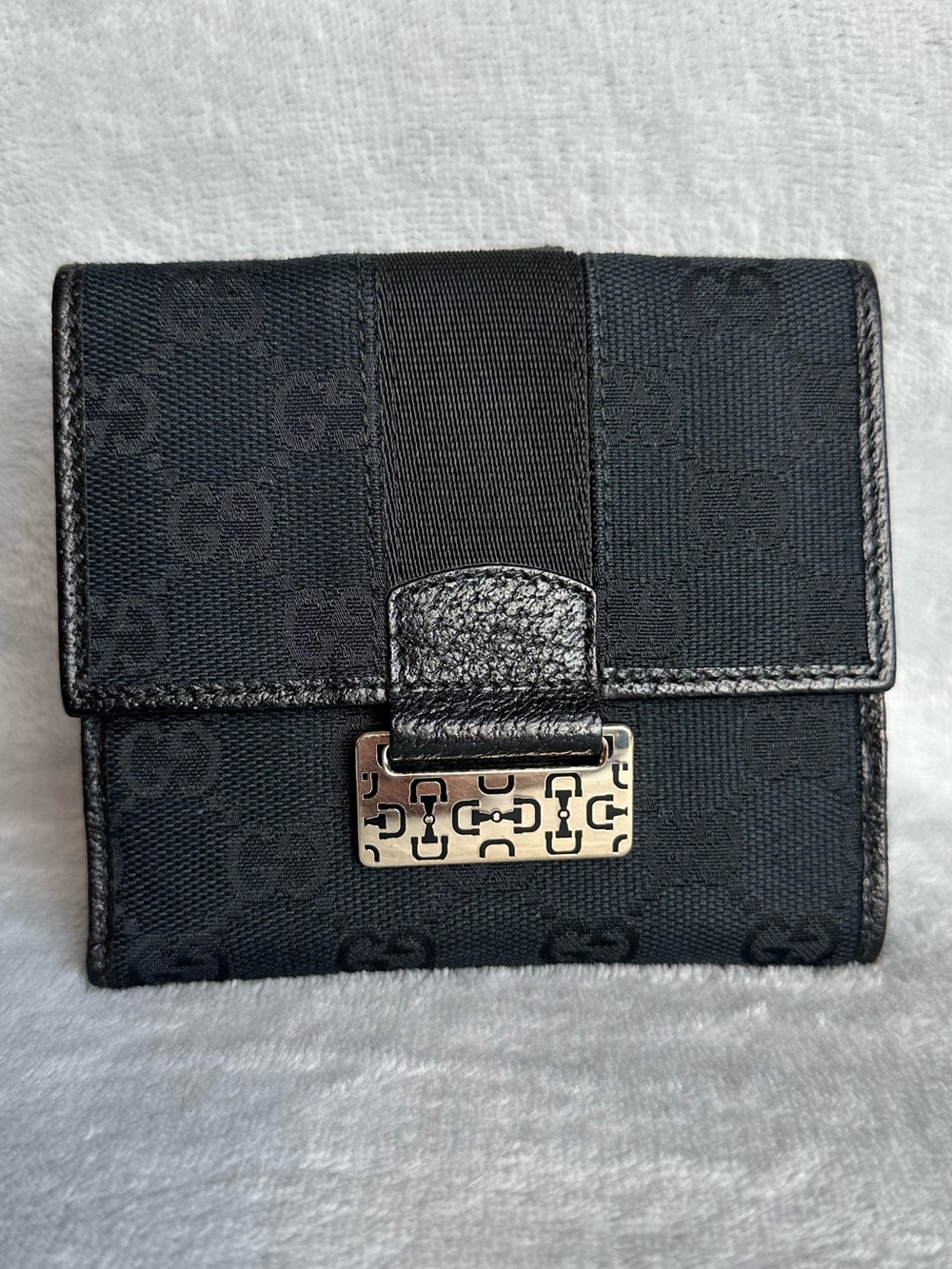 Gucci Black GG Canvas Wallet w/ Coin Pouch & Leather Trim